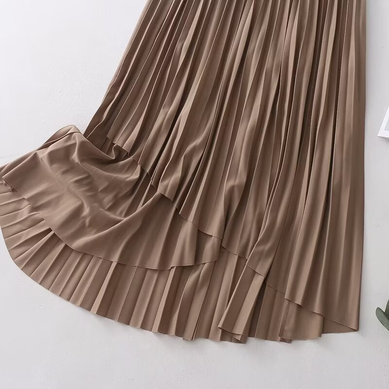 Pleated Skirt Korean Women Clothing Autumn High Waist Elastic Waist Mid Length Skirt