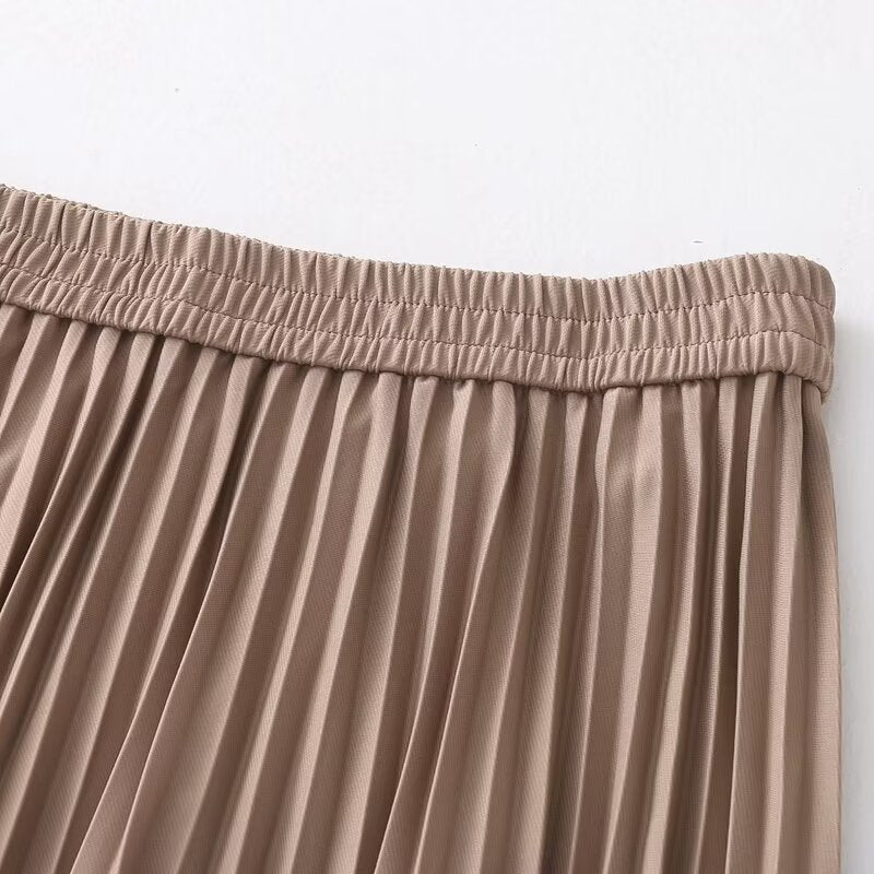 Pleated Skirt Korean Women Clothing Autumn High Waist Elastic Waist Mid Length Skirt