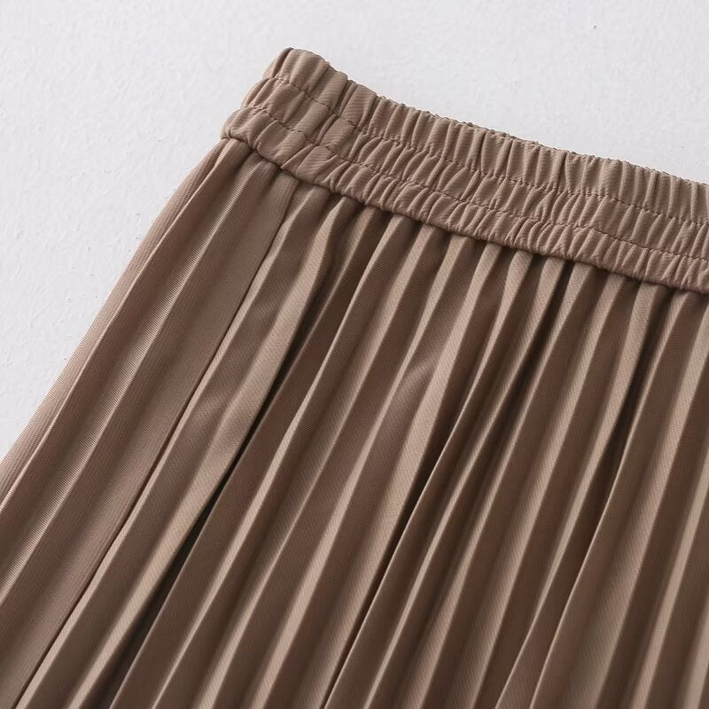 Pleated Skirt Korean Women Clothing Autumn High Waist Elastic Waist Mid Length Skirt