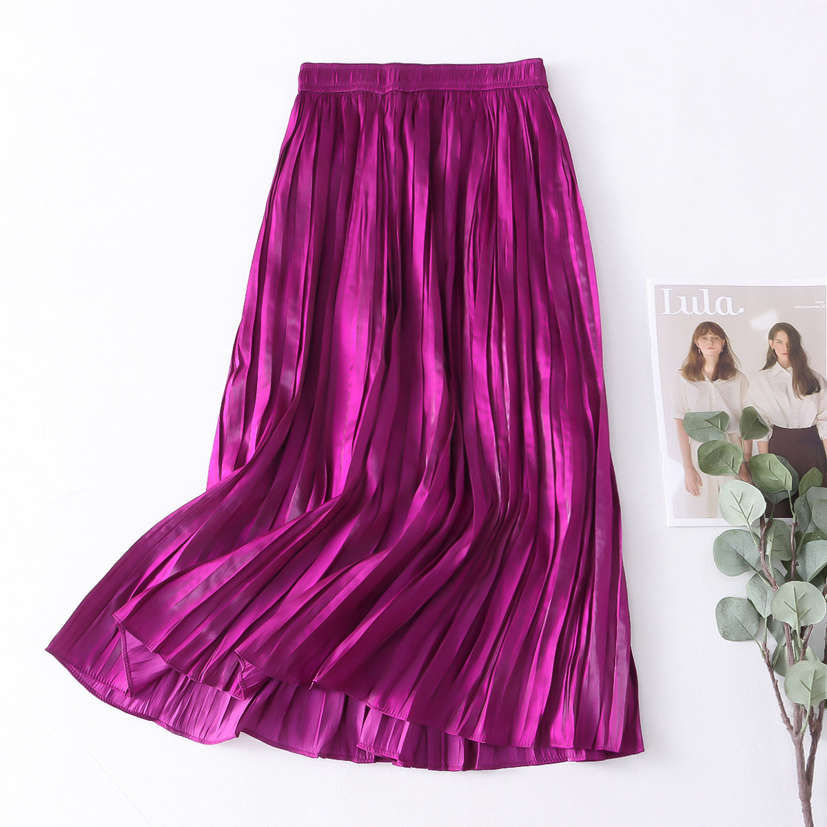 Autumn Willow Pleated Skirt Women Korean High Waist Satin Elegant Big Hem A line Skirt