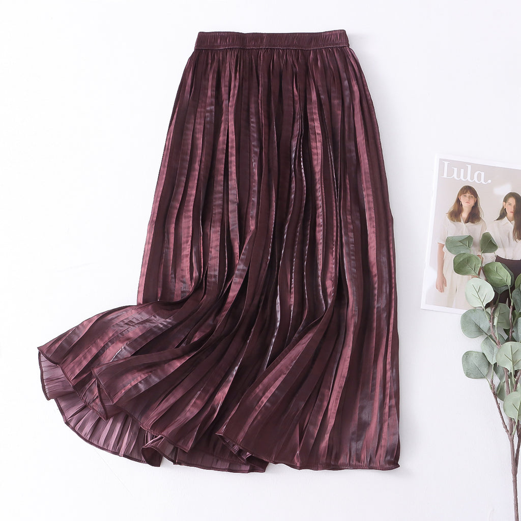 Autumn Willow Pleated Skirt Women Korean High Waist Satin Elegant Big Hem A line Skirt