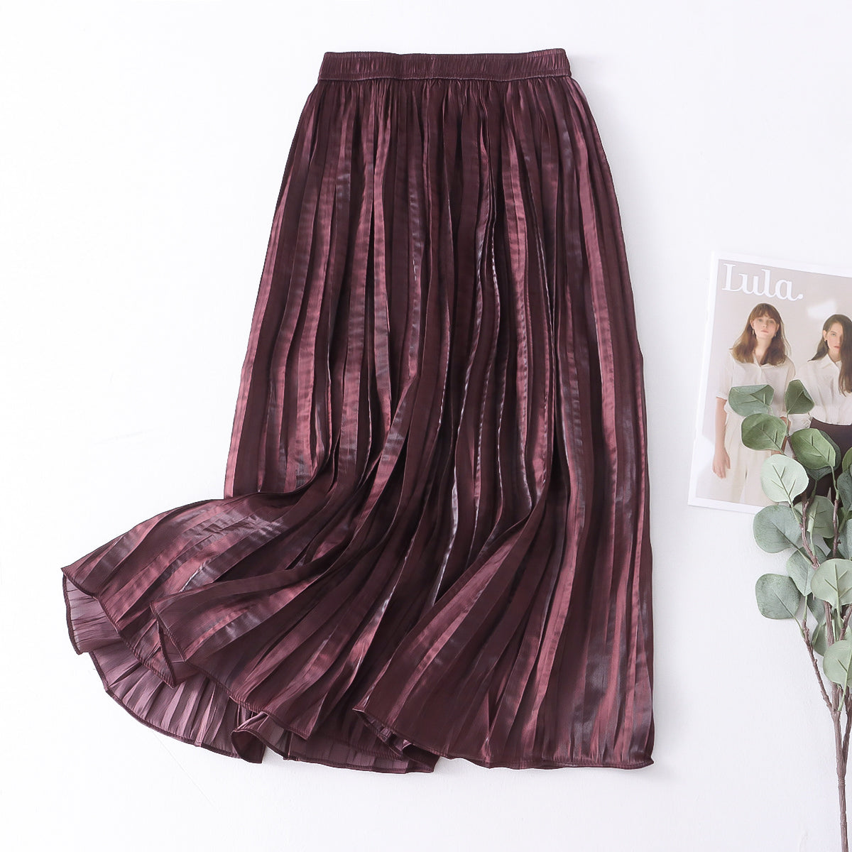 Autumn Willow Pleated Skirt Women Korean High Waist Satin Elegant Big Hem A line Skirt