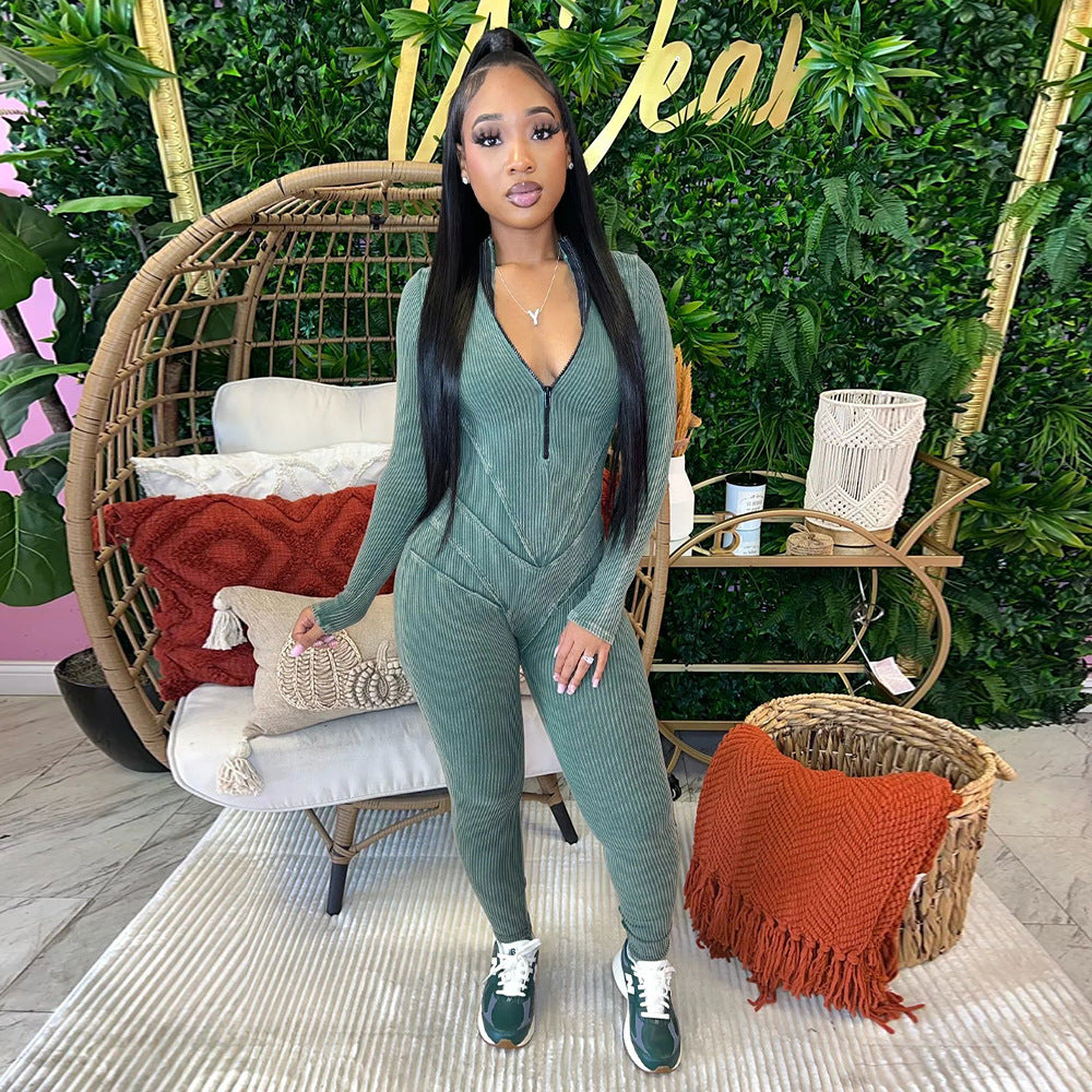 Women Clothing Sunken Stripe Printed Sexy V Neck Tight Zipper Jumpsuit