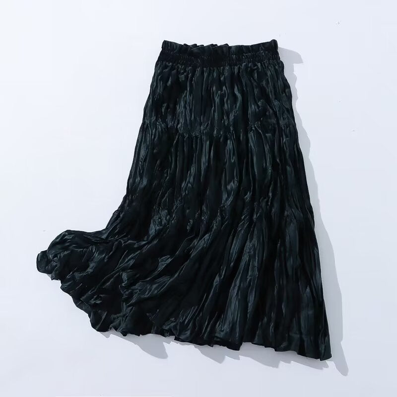 Autumn Winter Vintage Velvet Pleated Skirt Women Elastic High Waist Big Swing A line Skirt Mid Length