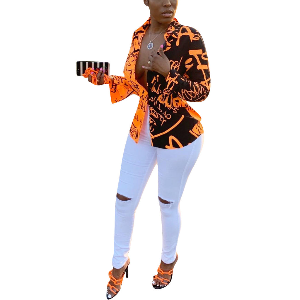 Women Clothing Graffiti Printing Long Sleeve Shirt