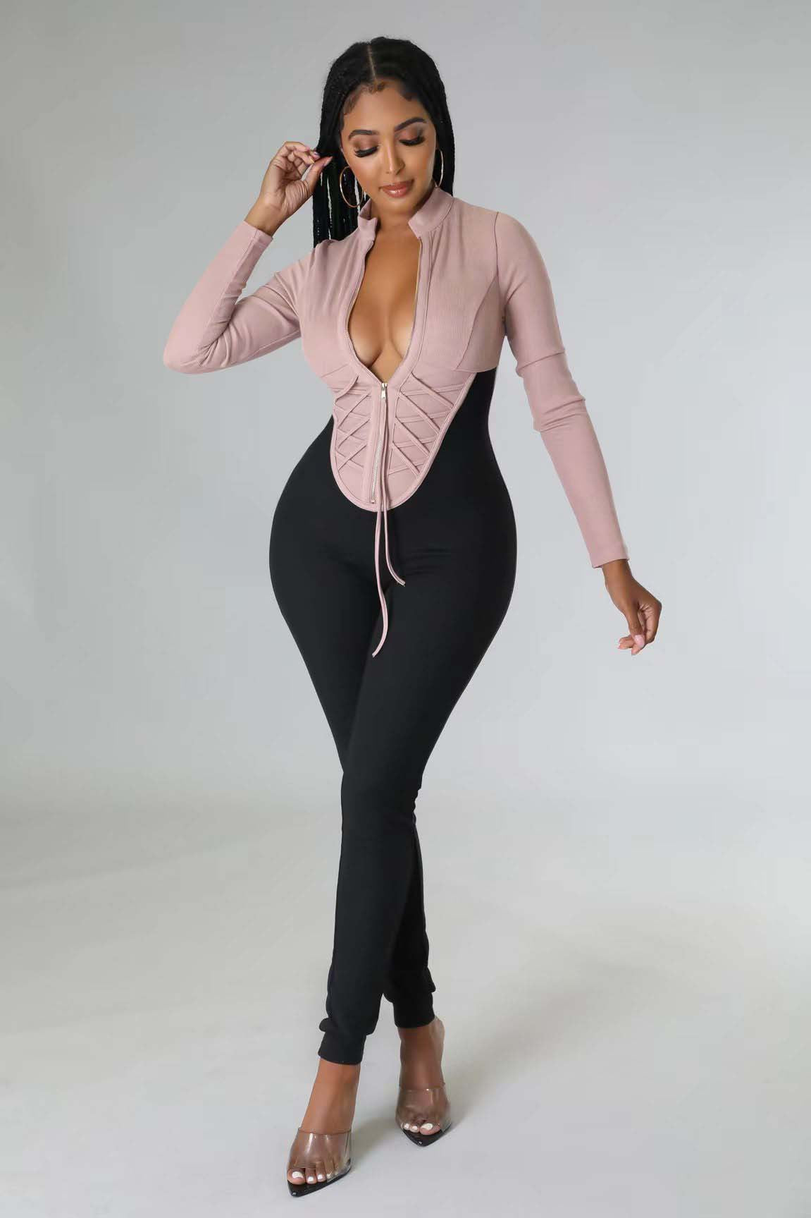 Women Clothing Multi Color Stitching Slim Jumpsuit Women Clothing