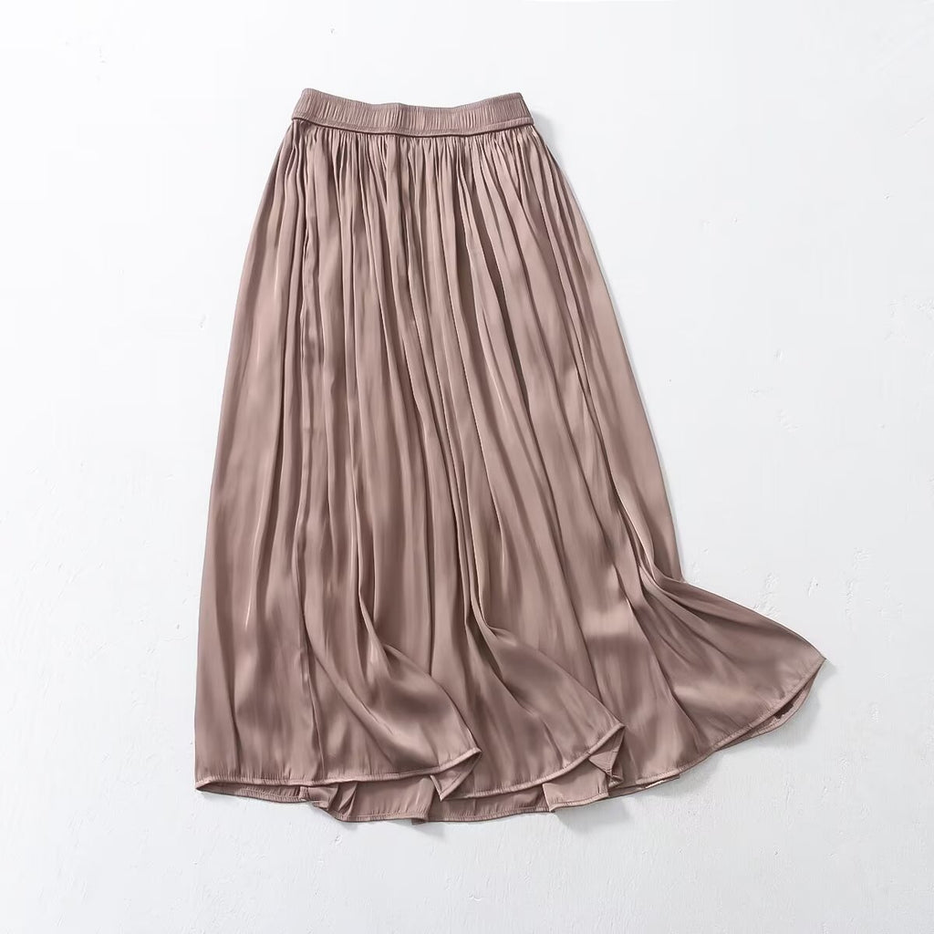 Summer Japanese Korean Elastic Waist Solid Color Cuprammonuium Long Skirt Women