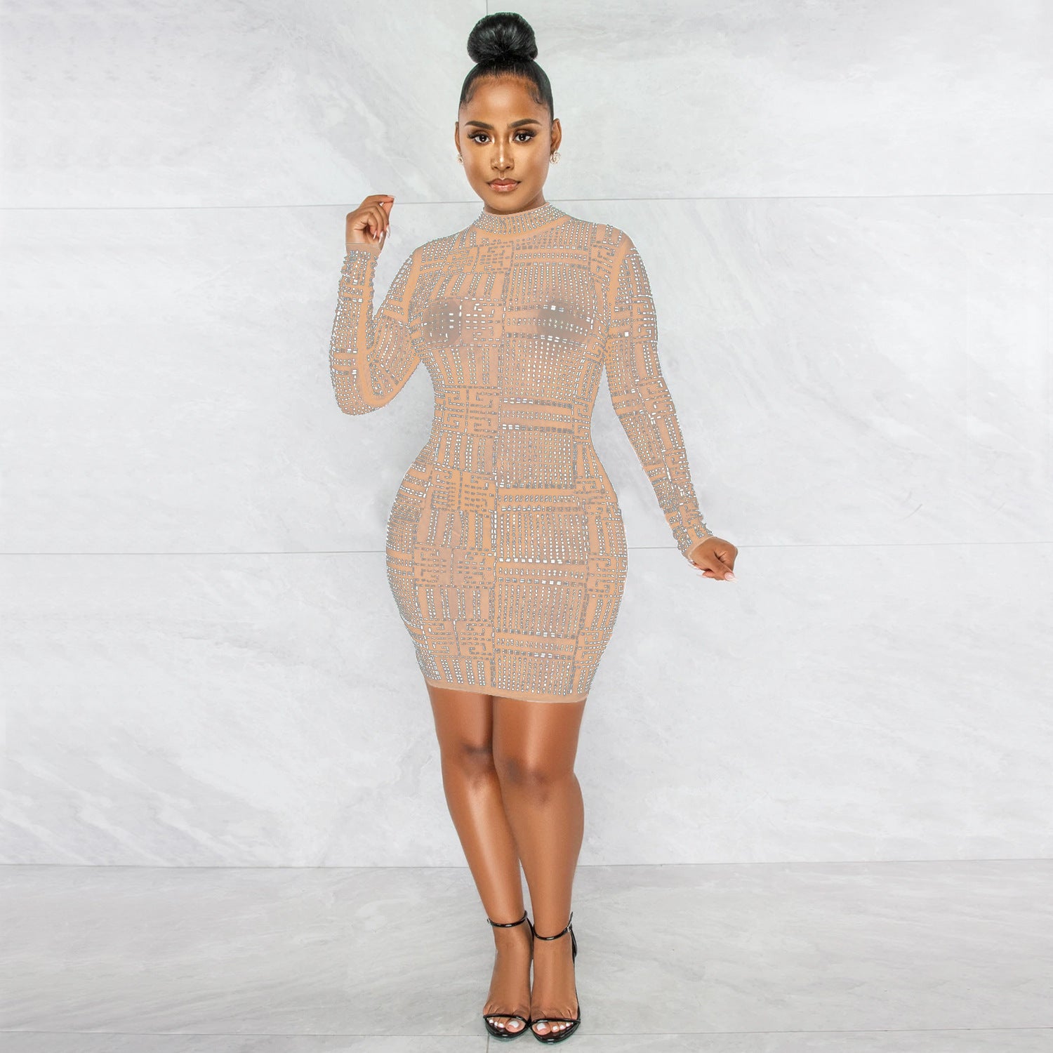 Summer Women Clothing Sexy Mesh See through Long Sleeve Nightclub Rhinestone Dress