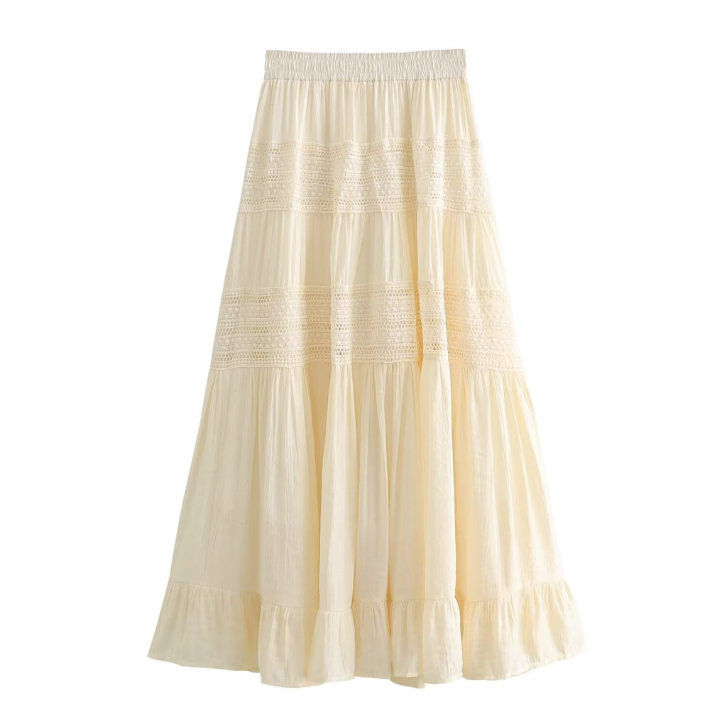 Spring Women All Match Solid Color Elastic Waist Lace Multi Layer Cake A line Skirt