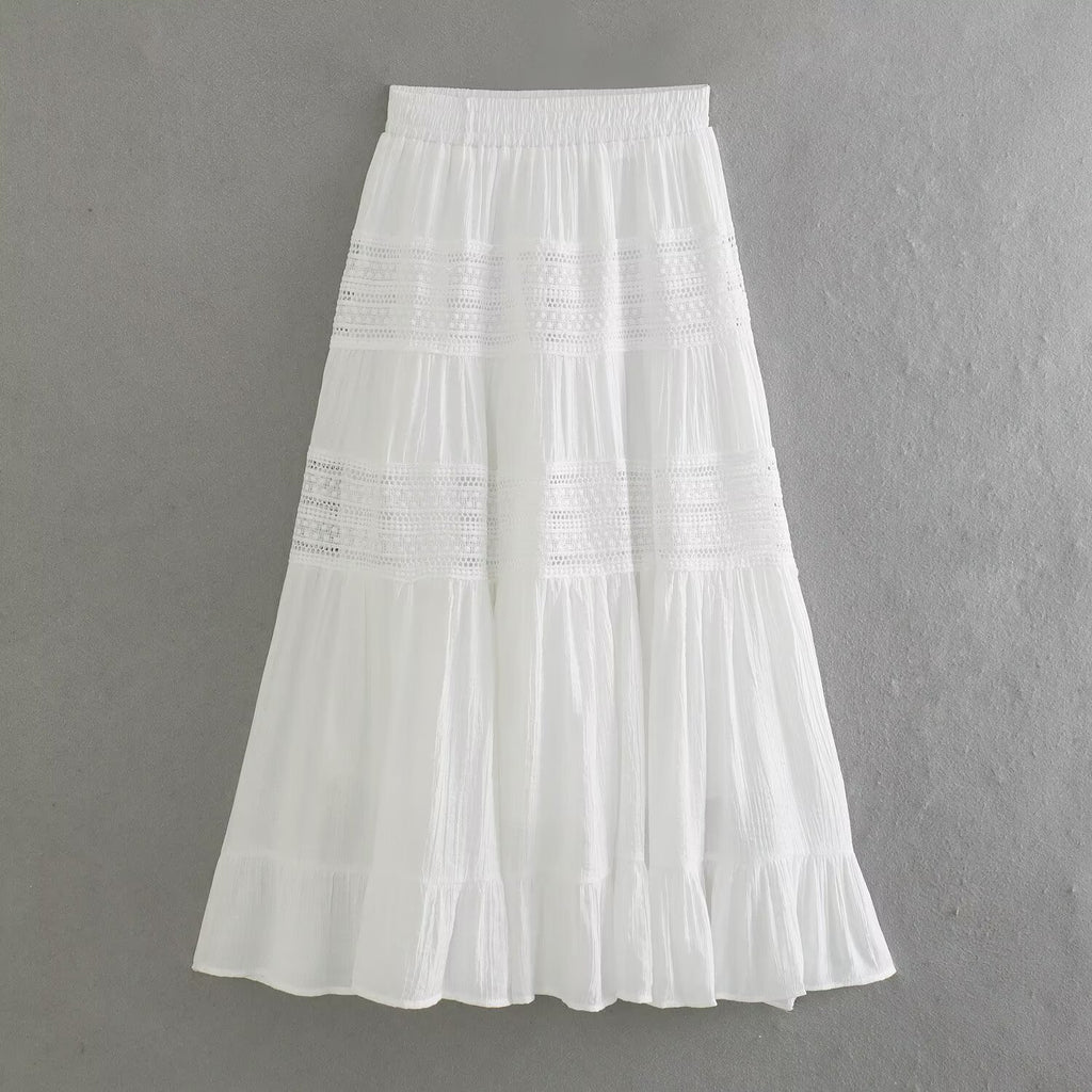 Spring Women All Match Solid Color Elastic Waist Lace Multi Layer Cake A line Skirt