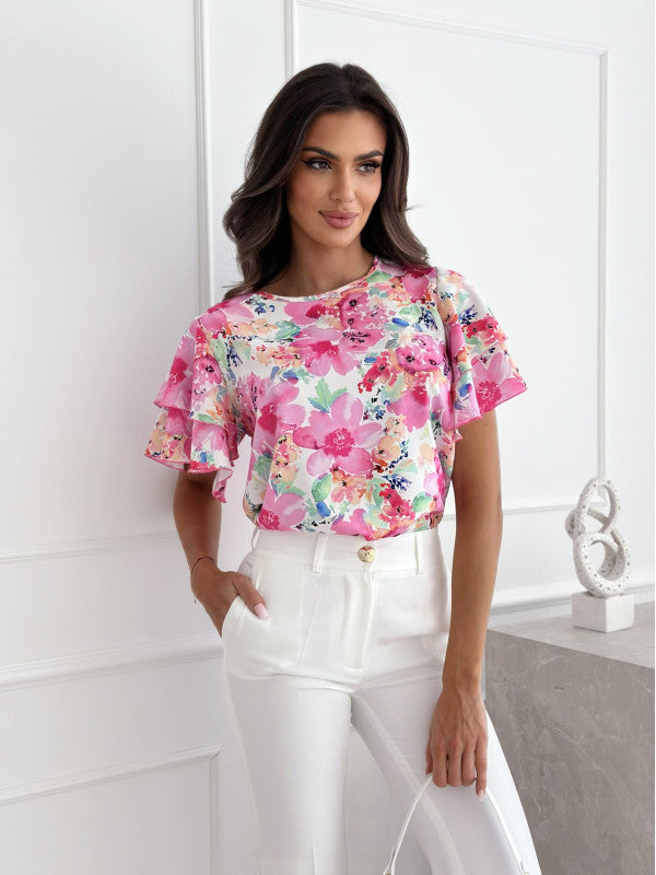 Summer Printed Lotus Sleeve Round Neck Simple Short Sleeve Top