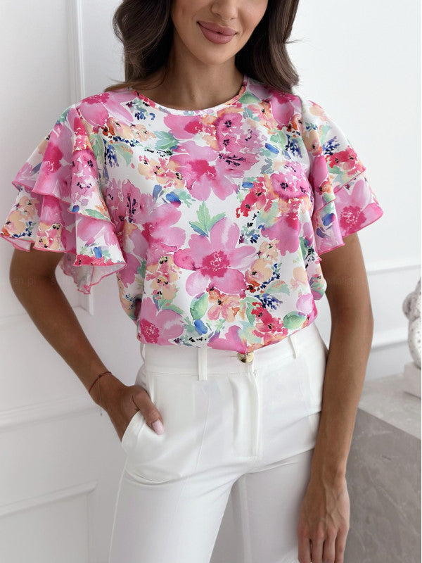Summer Printed Lotus Sleeve Round Neck Simple Short Sleeve Top
