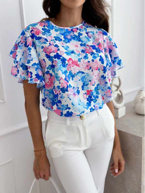 Summer Printed Lotus Sleeve Round Neck Simple Short Sleeve Top