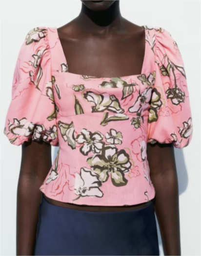 Spring Women Clothing Fashionable All Match Square Collar Puff Sleeve Printed Top