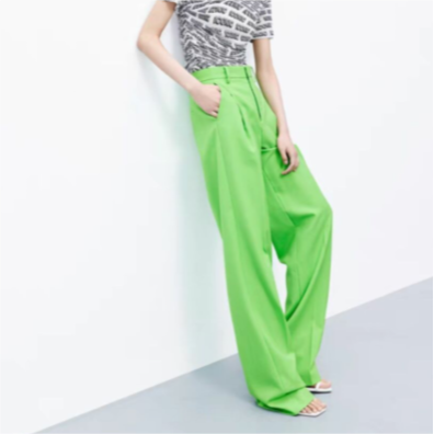 Women Summer Green High Waist Stand Pleated Wide Leg Pants Work Pant