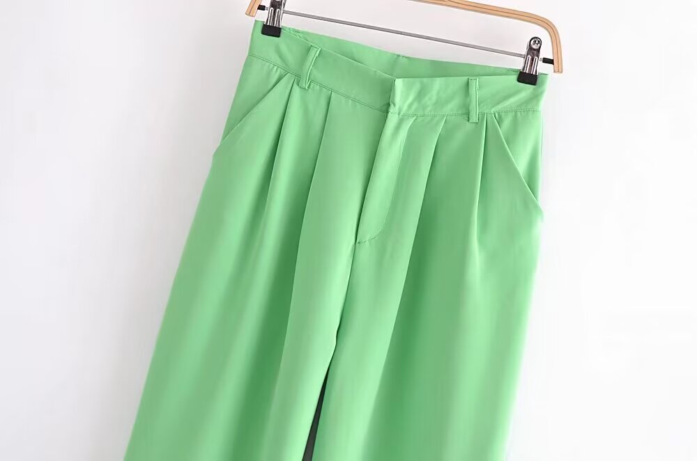Women Summer Green High Waist Stand Pleated Wide Leg Pants Work Pant