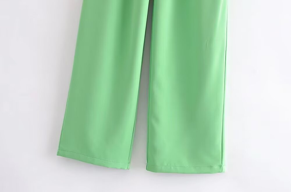 Women Summer Green High Waist Stand Pleated Wide Leg Pants Work Pant
