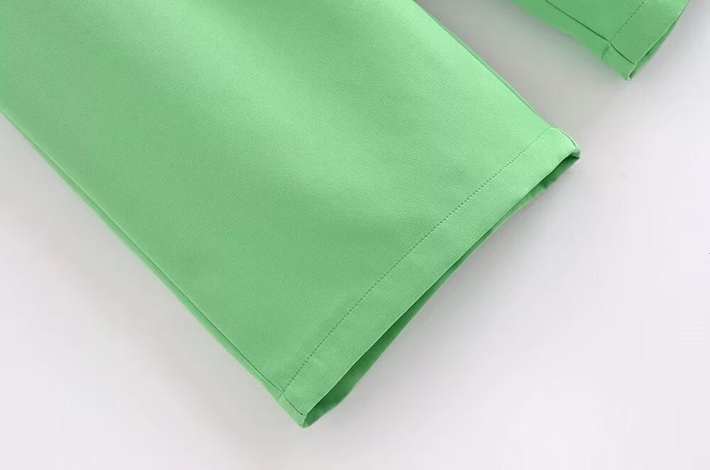 Women Summer Green High Waist Stand Pleated Wide Leg Pants Work Pant