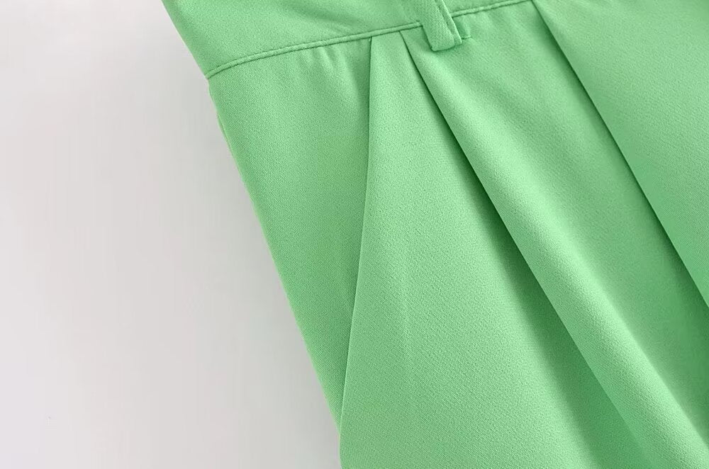 Women Summer Green High Waist Stand Pleated Wide Leg Pants Work Pant