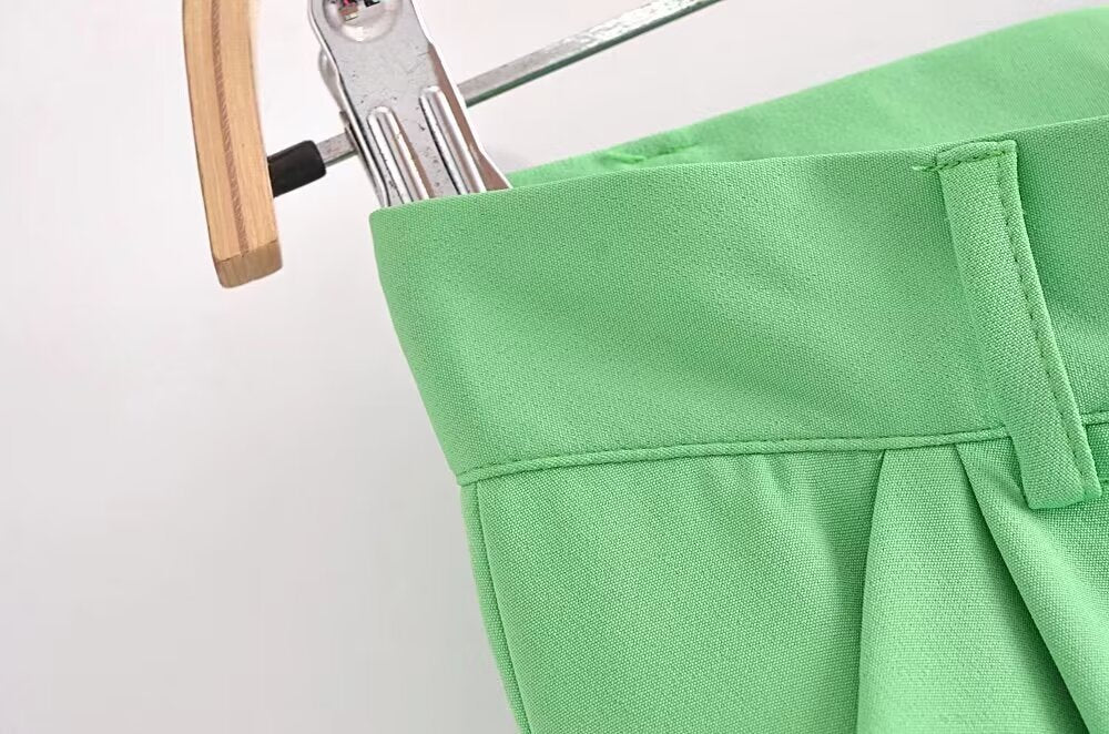 Women Summer Green High Waist Stand Pleated Wide Leg Pants Work Pant
