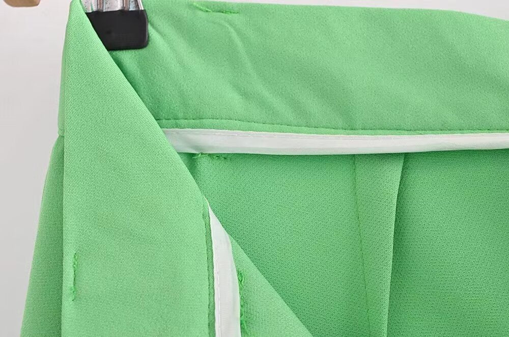 Women Summer Green High Waist Stand Pleated Wide Leg Pants Work Pant