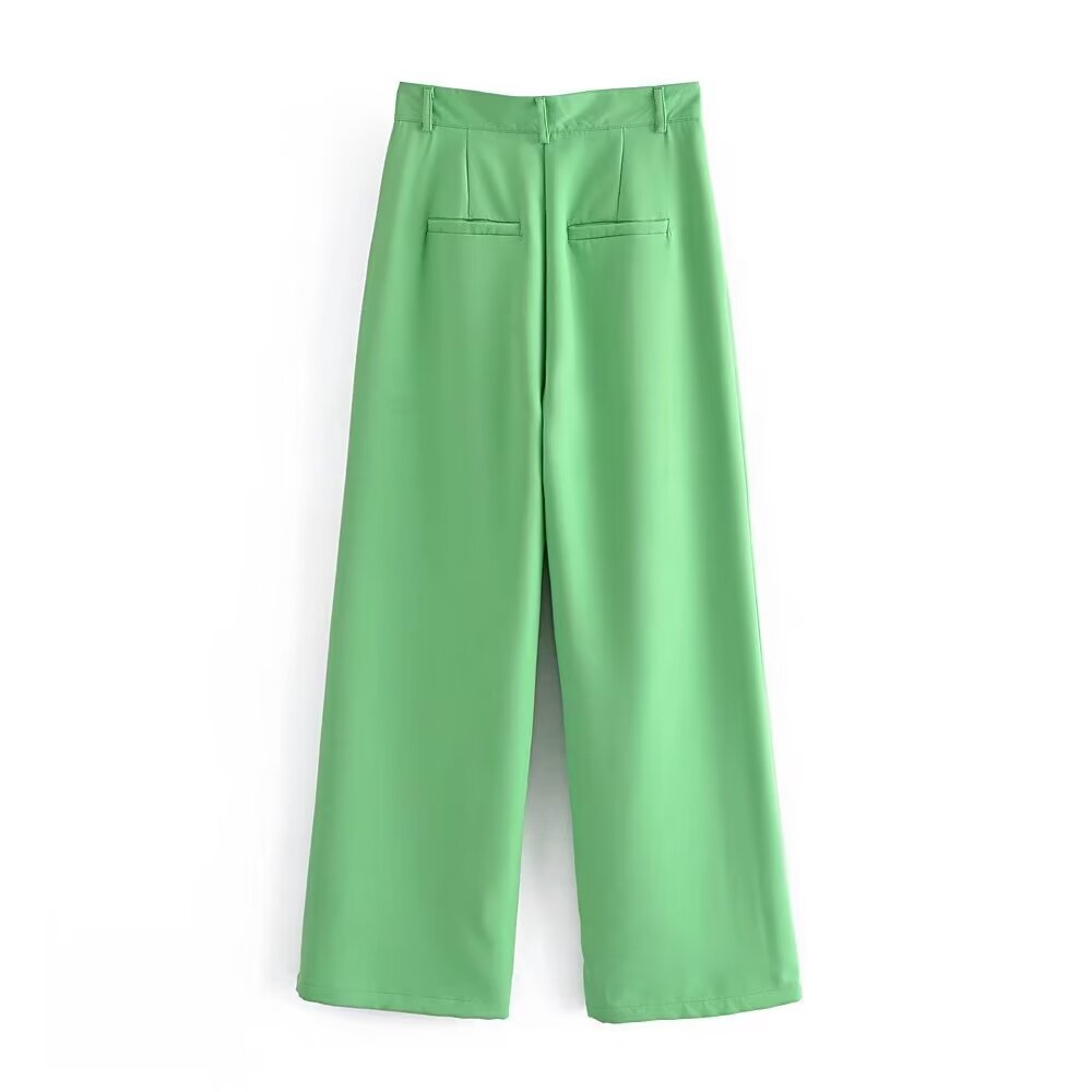 Women Summer Green High Waist Stand Pleated Wide Leg Pants Work Pant