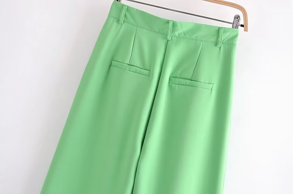 Women Summer Green High Waist Stand Pleated Wide Leg Pants Work Pant