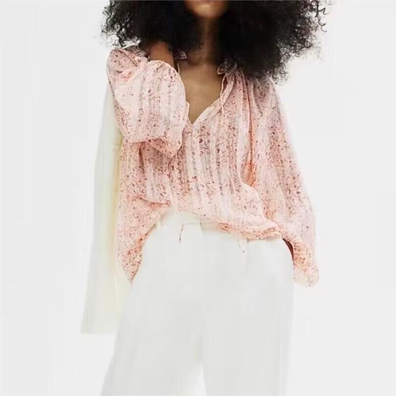 Spring Lace V Neck Stand Collar Long Sleeve Shirt