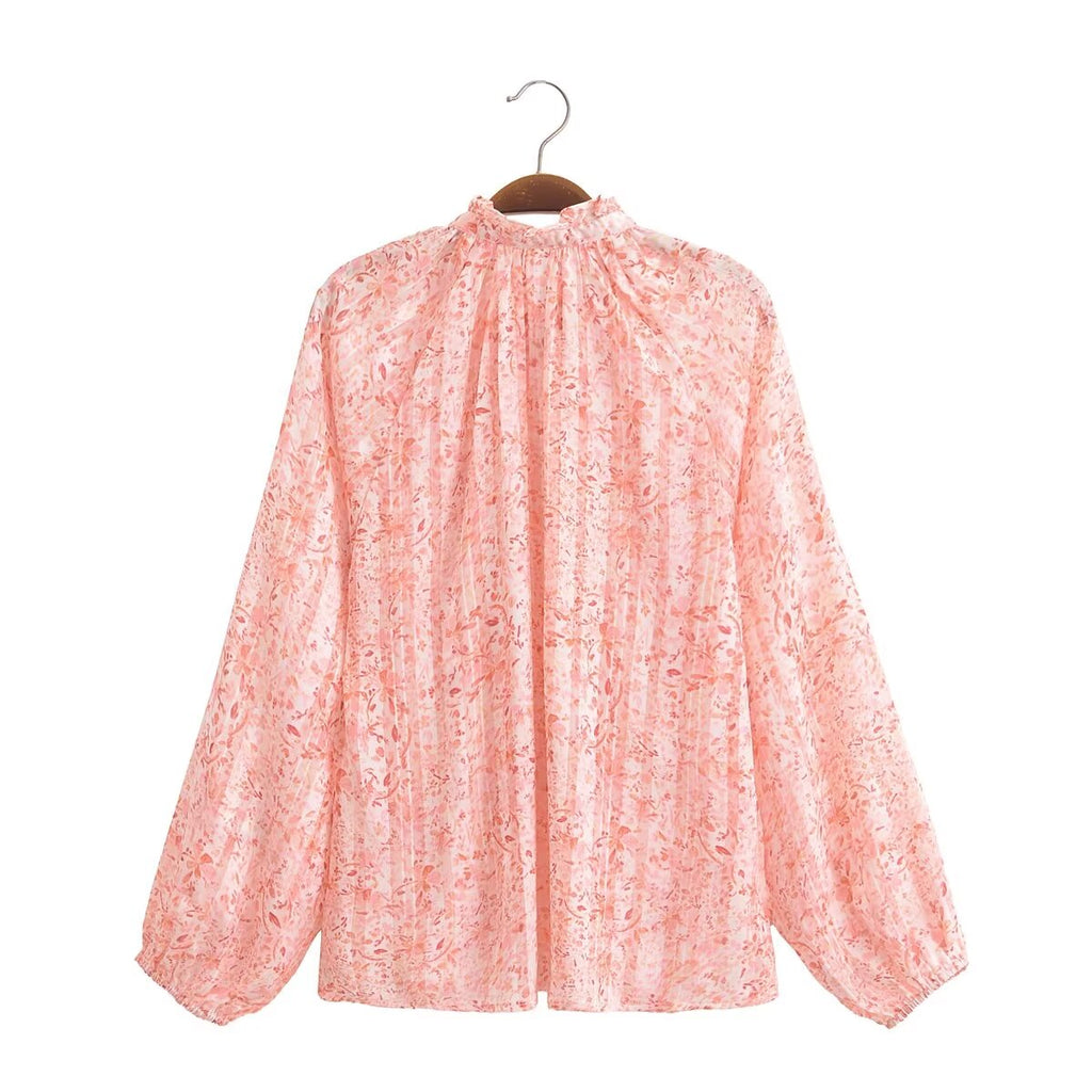 Spring Lace V Neck Stand Collar Long Sleeve Shirt