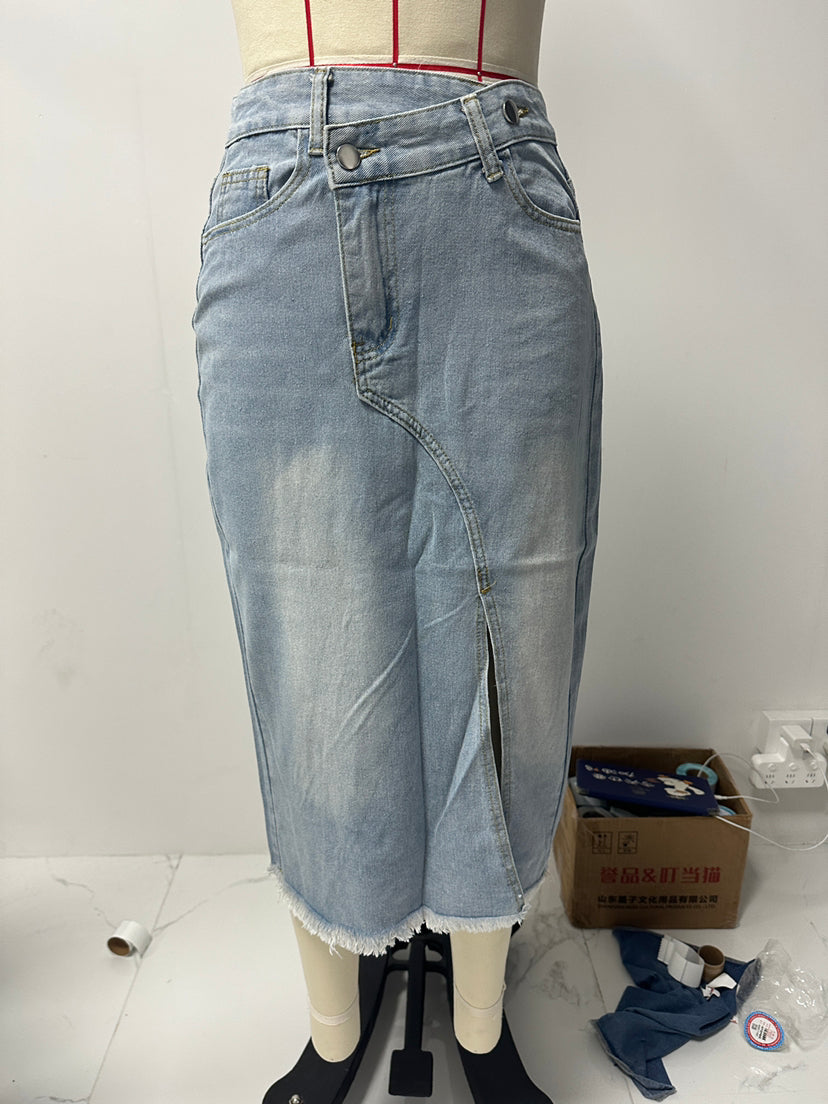 Falda vaquera de cintura alta con abertura frontal deshilachada de longitud media para mujer Falda línea A