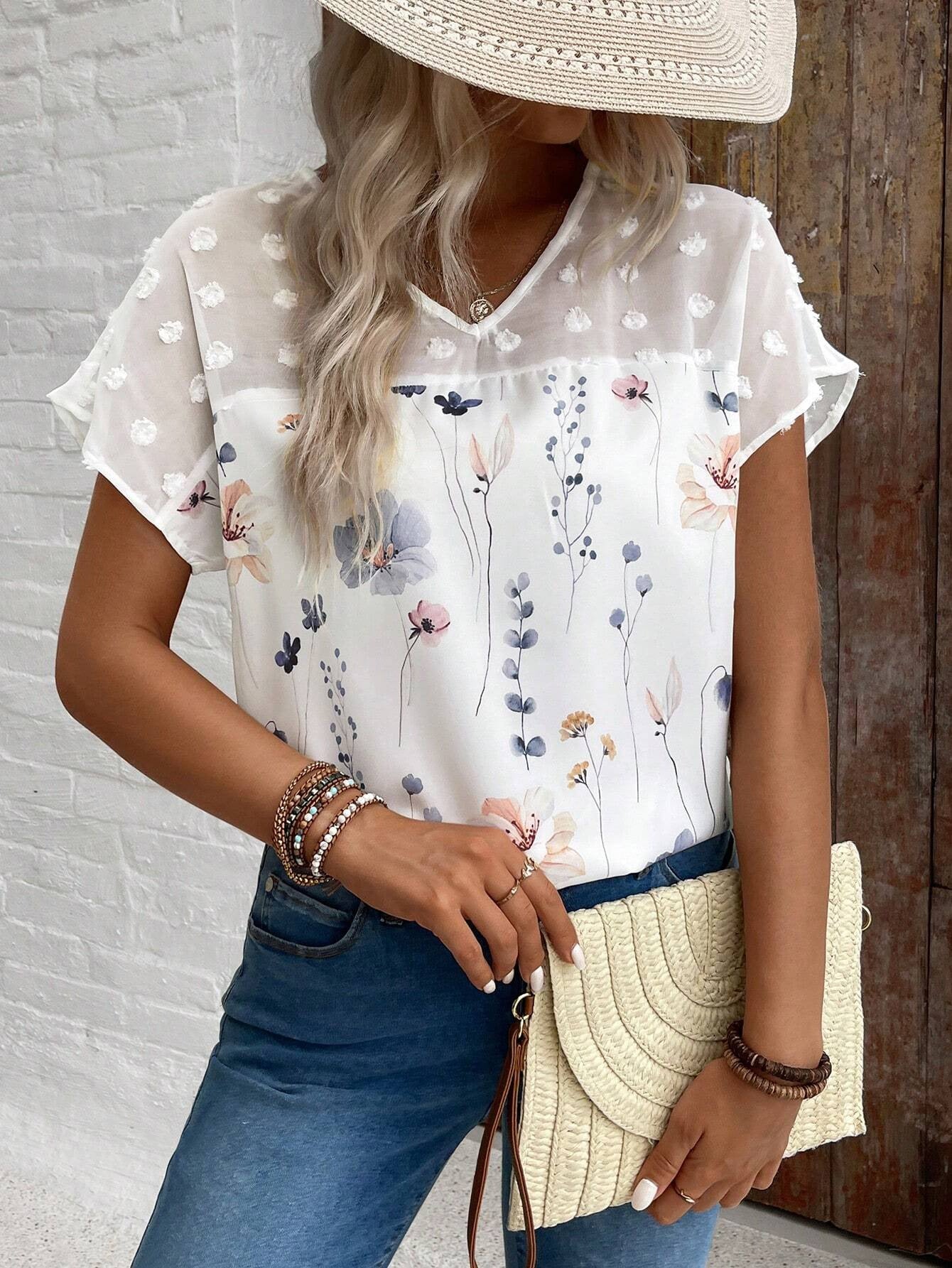 Summer Women Trend V Neck Printed Lace Stitching Short Sleeved Top T Shirt
