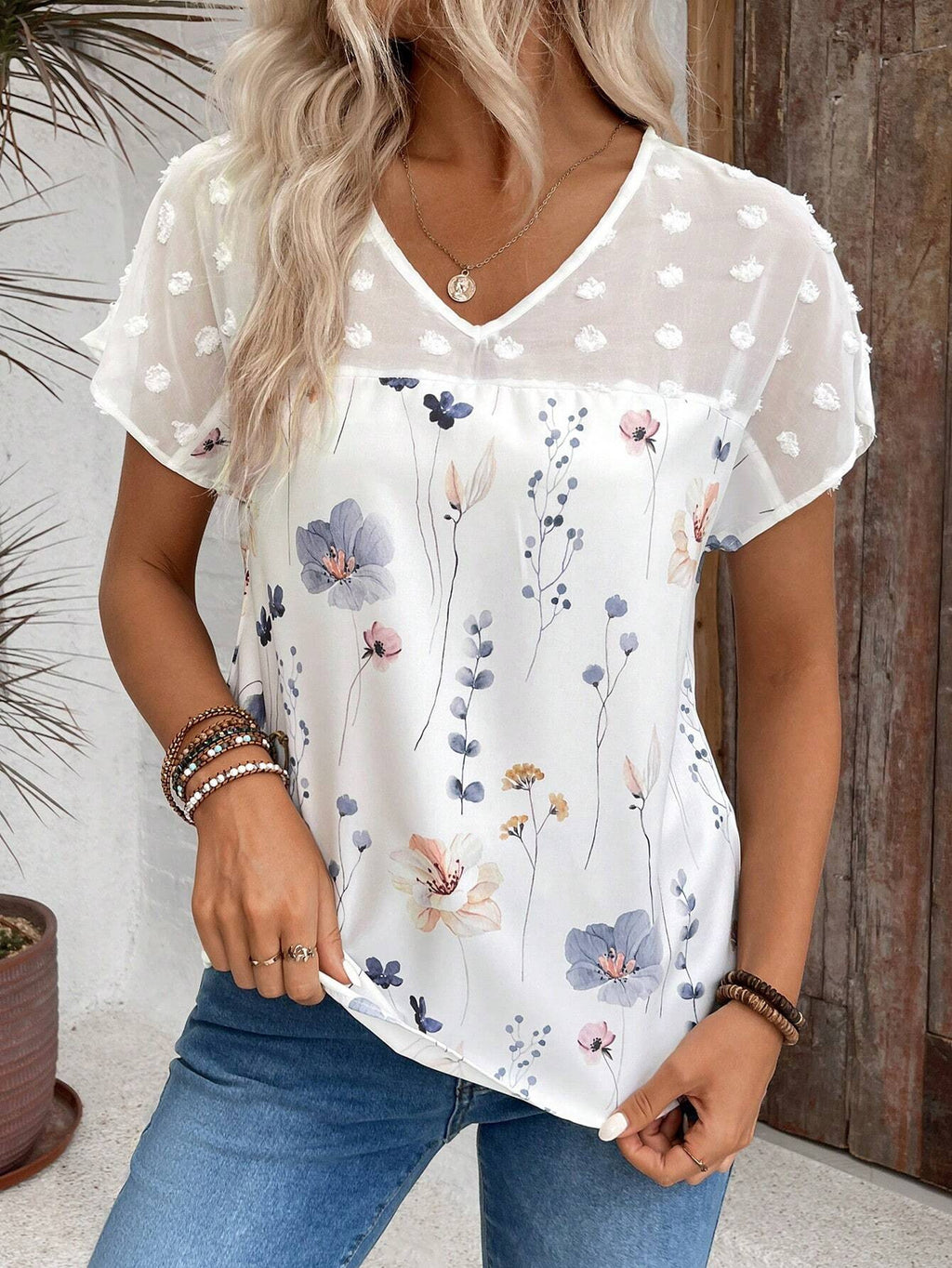 Summer Women Trend V Neck Printed Lace Stitching Short Sleeved Top T Shirt