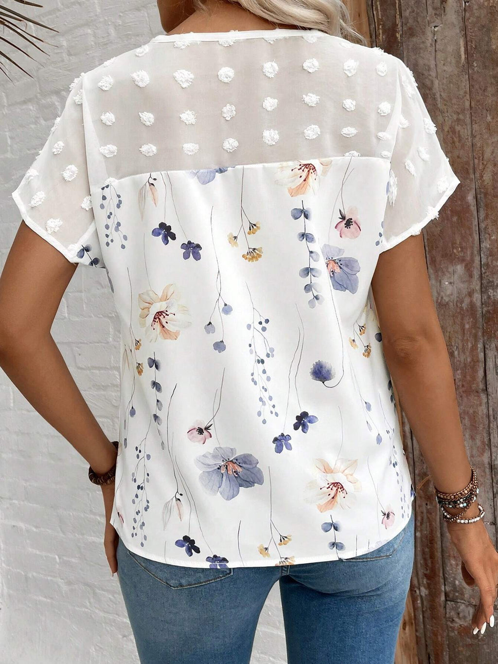 Summer Women Trend V Neck Printed Lace Stitching Short Sleeved Top T Shirt
