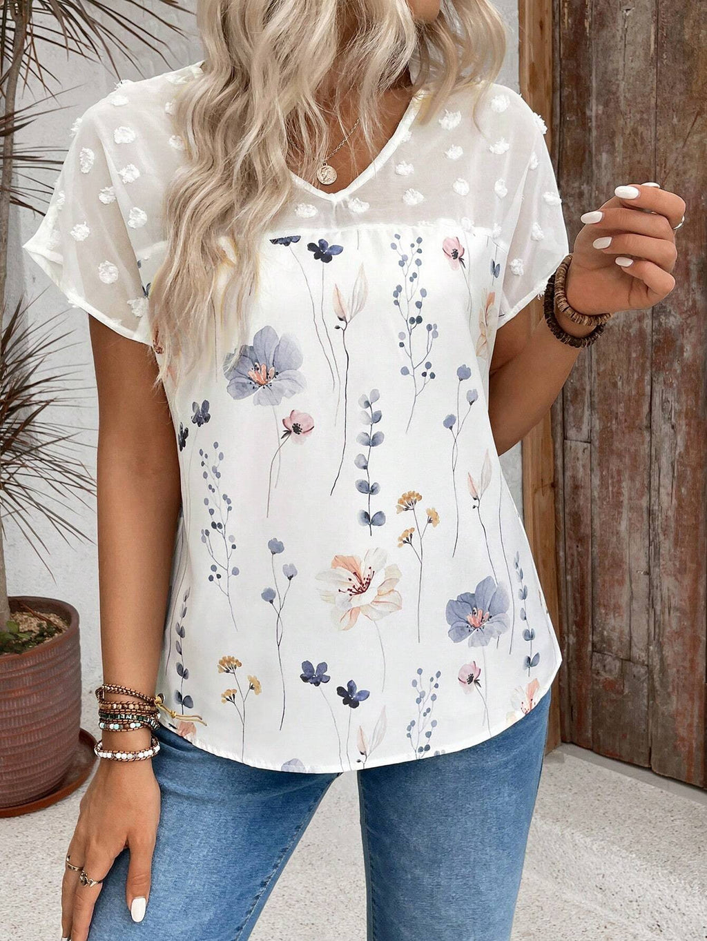 Summer Women Trend V Neck Printed Lace Stitching Short Sleeved Top T Shirt