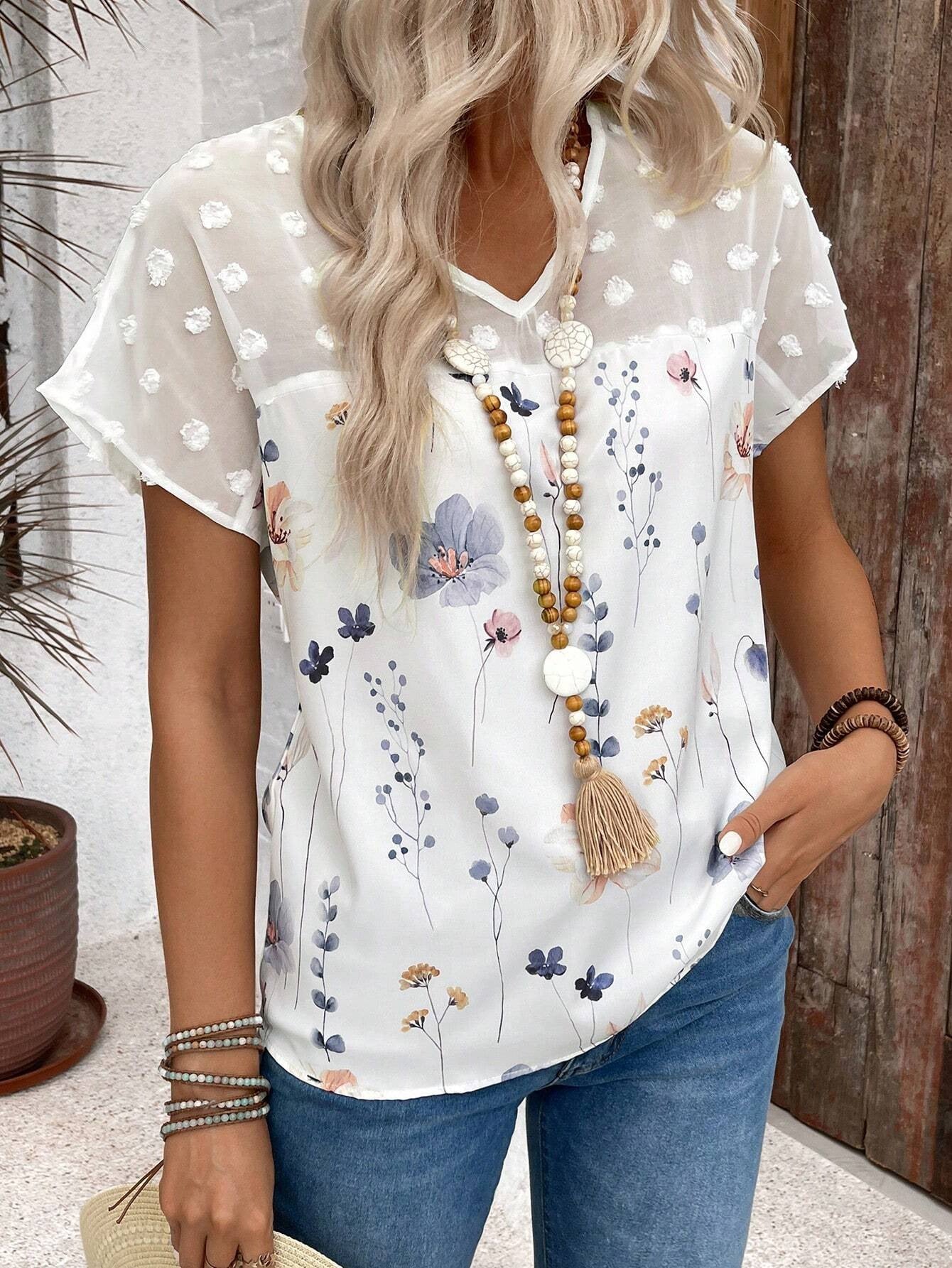 Summer Women Trend V Neck Printed Lace Stitching Short Sleeved Top T Shirt