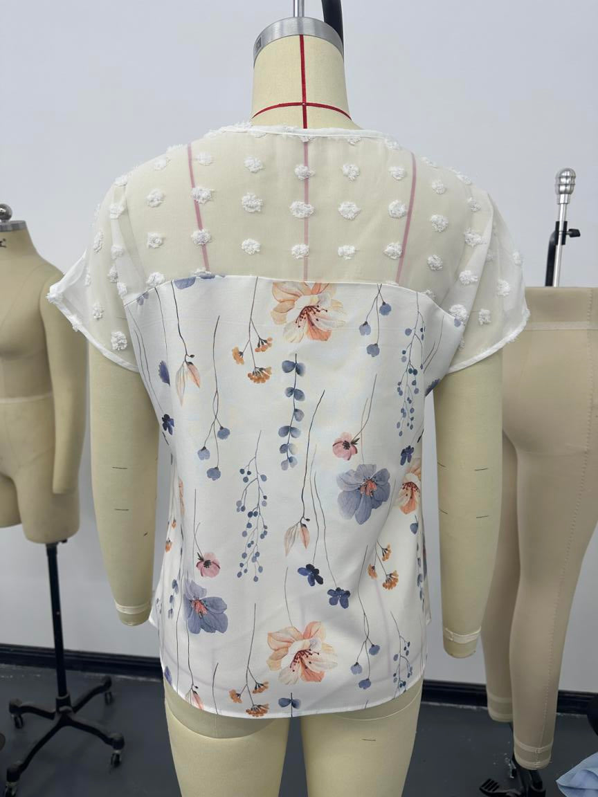 Summer Women Trend V Neck Printed Lace Stitching Short Sleeved Top T Shirt