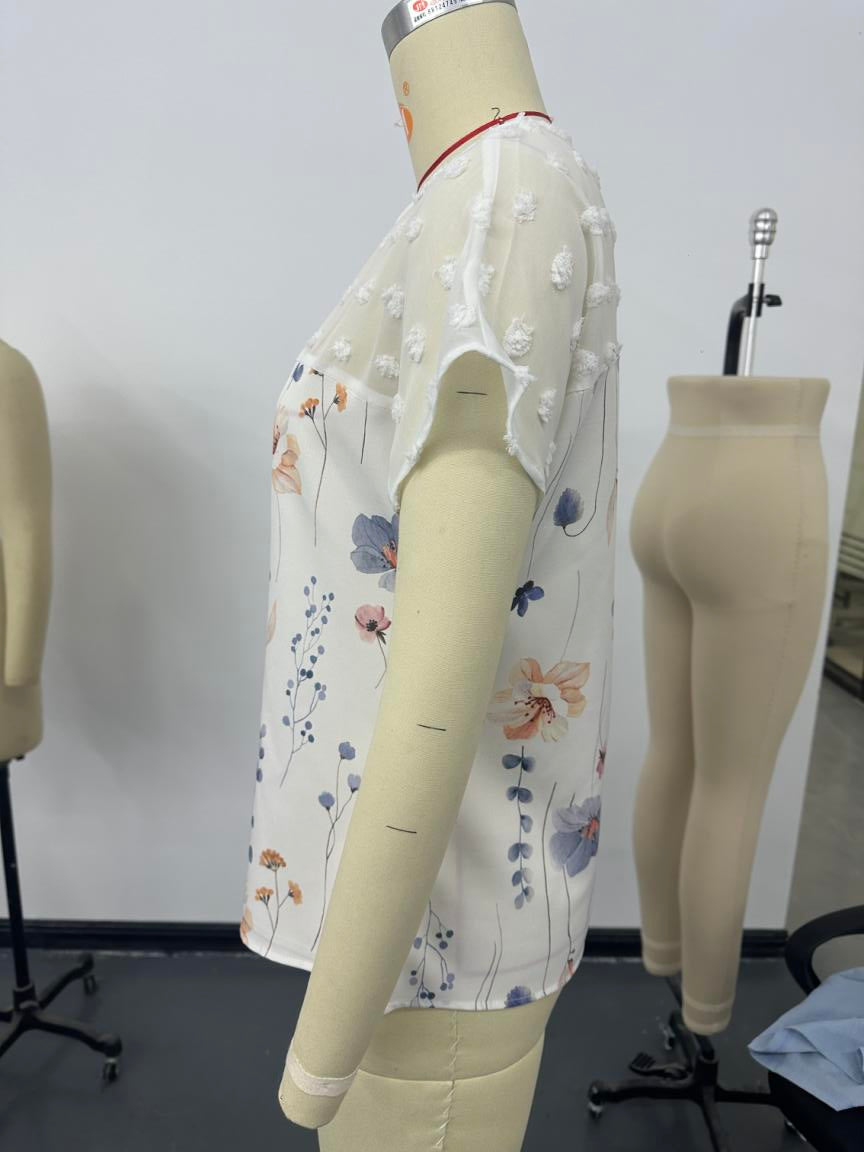 Summer Women Trend V Neck Printed Lace Stitching Short Sleeved Top T Shirt