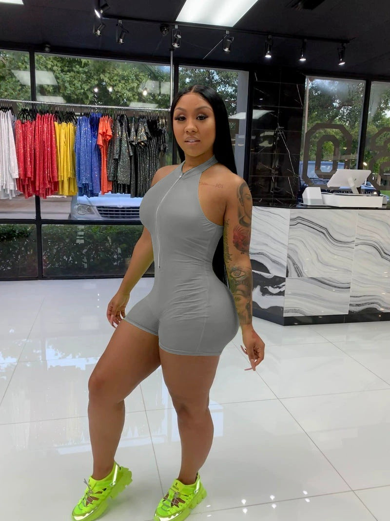 Women Clothing Solid Color Halter Zipper Jumpsuit Women Clothing