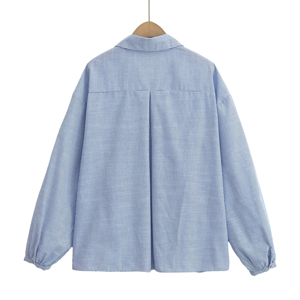 Fall Women Clothing Casual Simple Linen Blended Striped Shirt