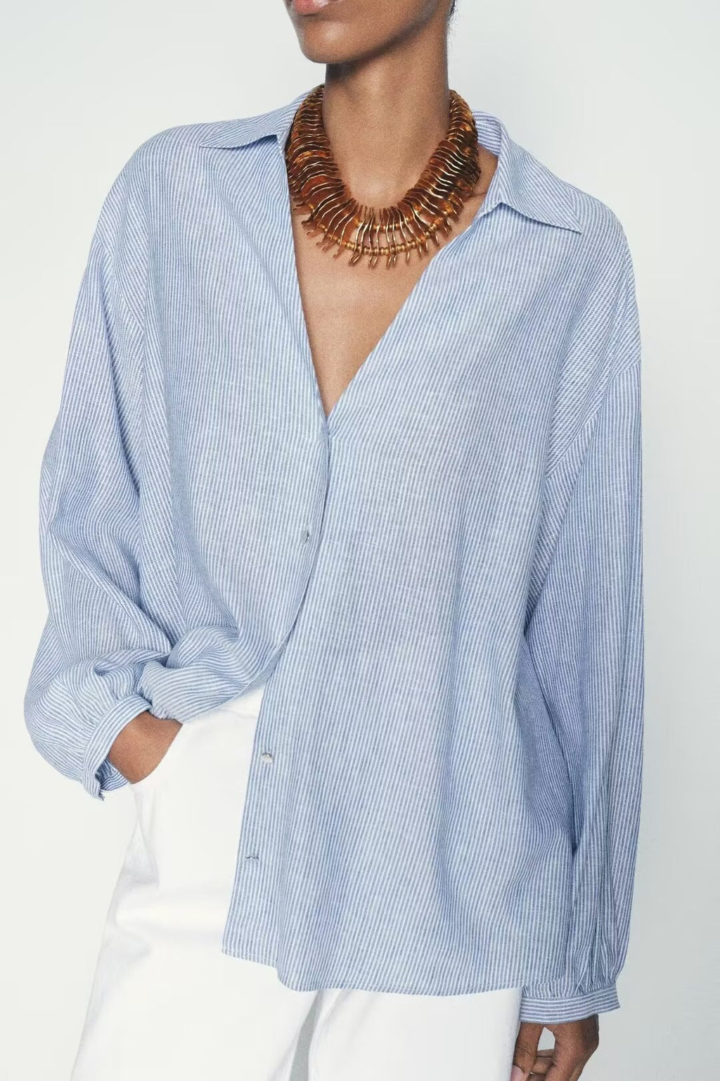 Fall Women Clothing Casual Simple Linen Blended Striped Shirt