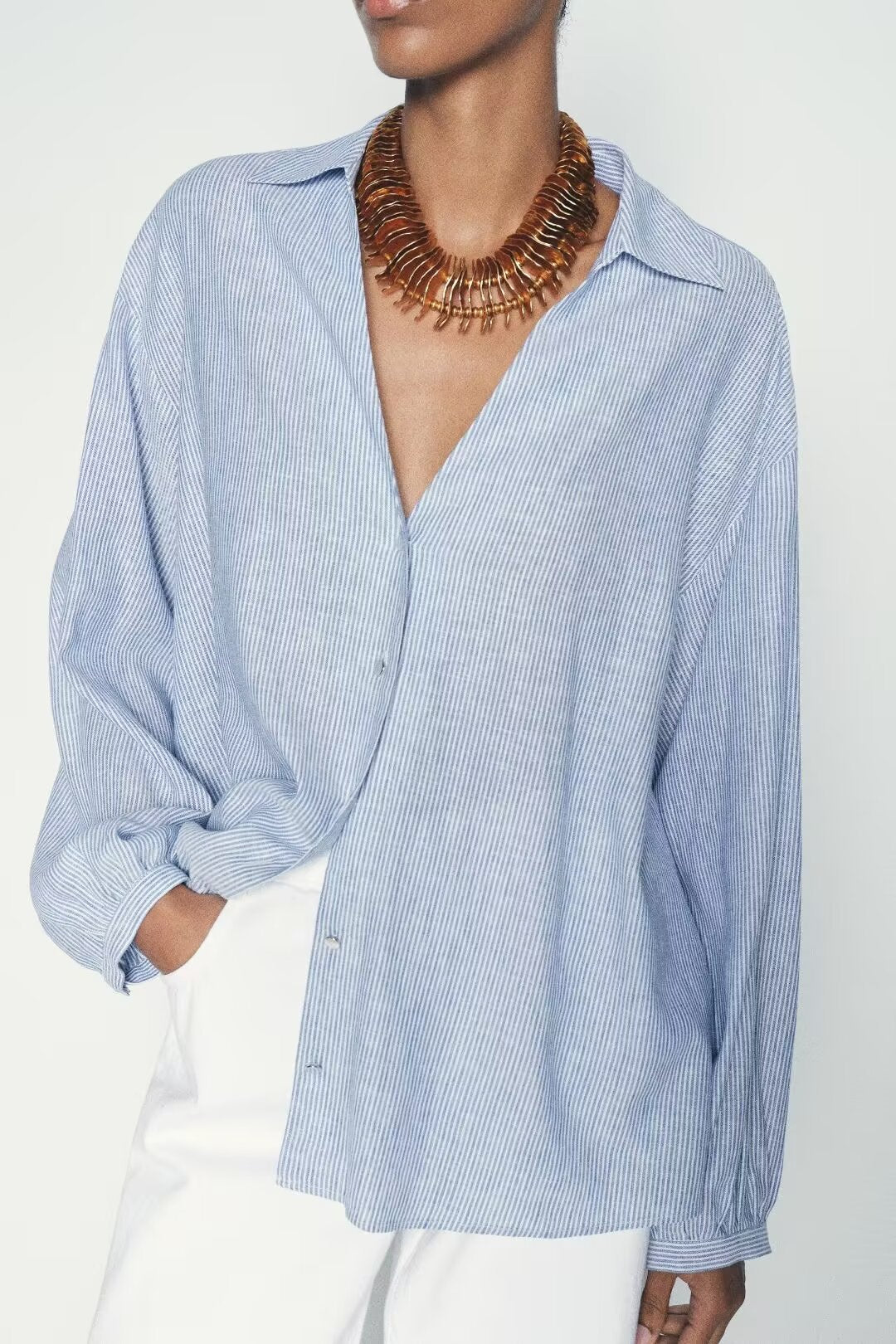 Fall Women Clothing Casual Simple Linen Blended Striped Shirt