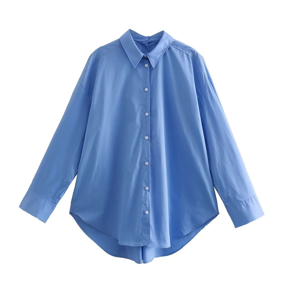 Summer Women Clothing Casual Simple Full Cotton Poplin Long Sleeve Shirt