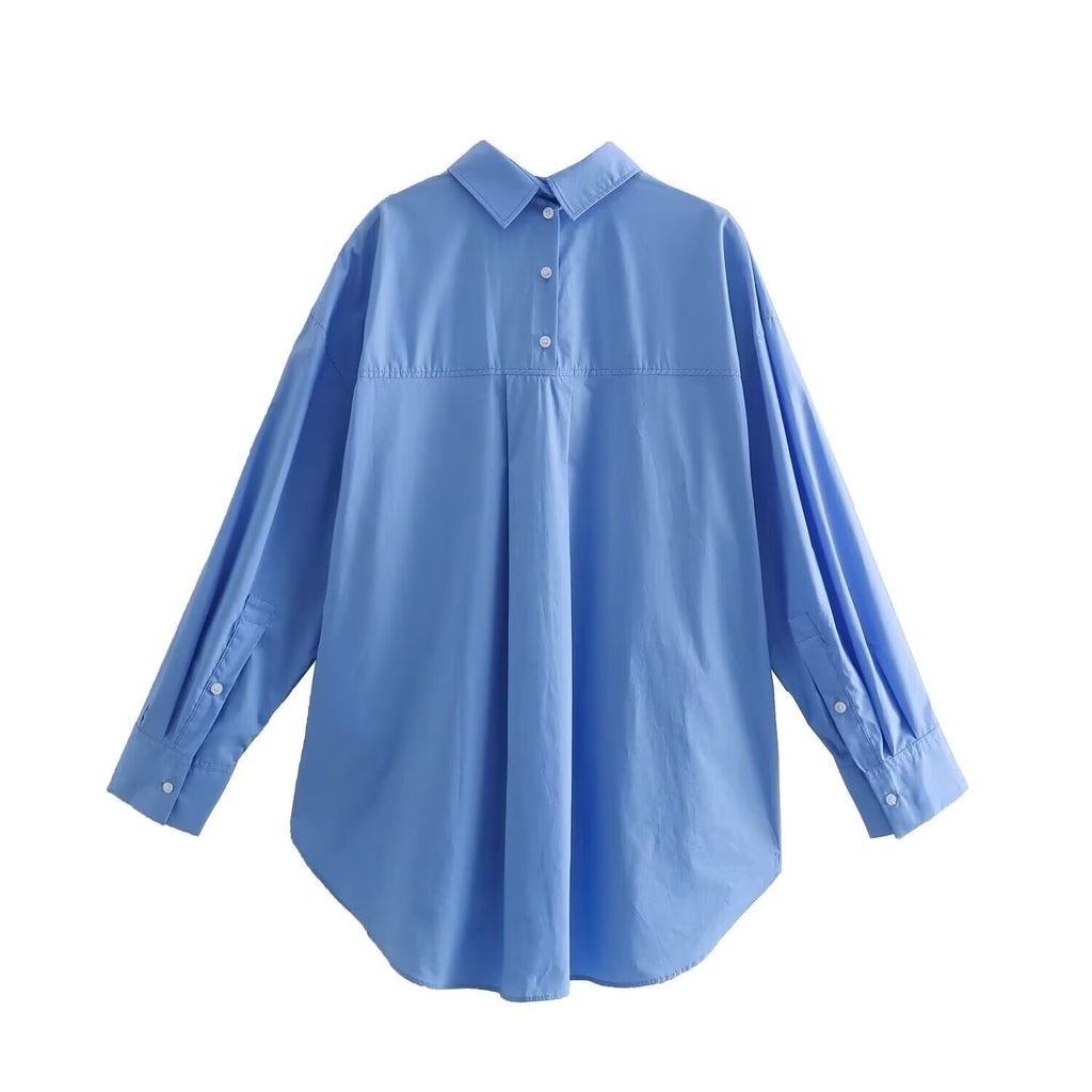Summer Women Clothing Casual Simple Full Cotton Poplin Long Sleeve Shirt