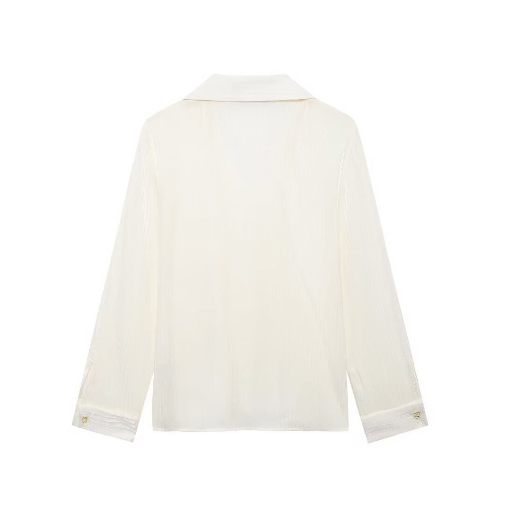 Summer Women Clothing Elegant Slightly Mature Bright Fabric Double Breasted Long Sleeve Shirt