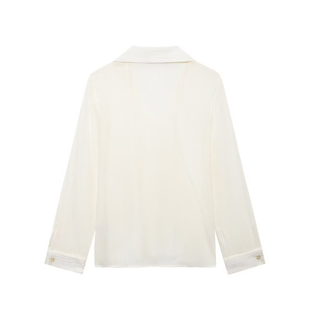 Summer Women Clothing Elegant Slightly Mature Bright Fabric Double Breasted Long Sleeve Shirt