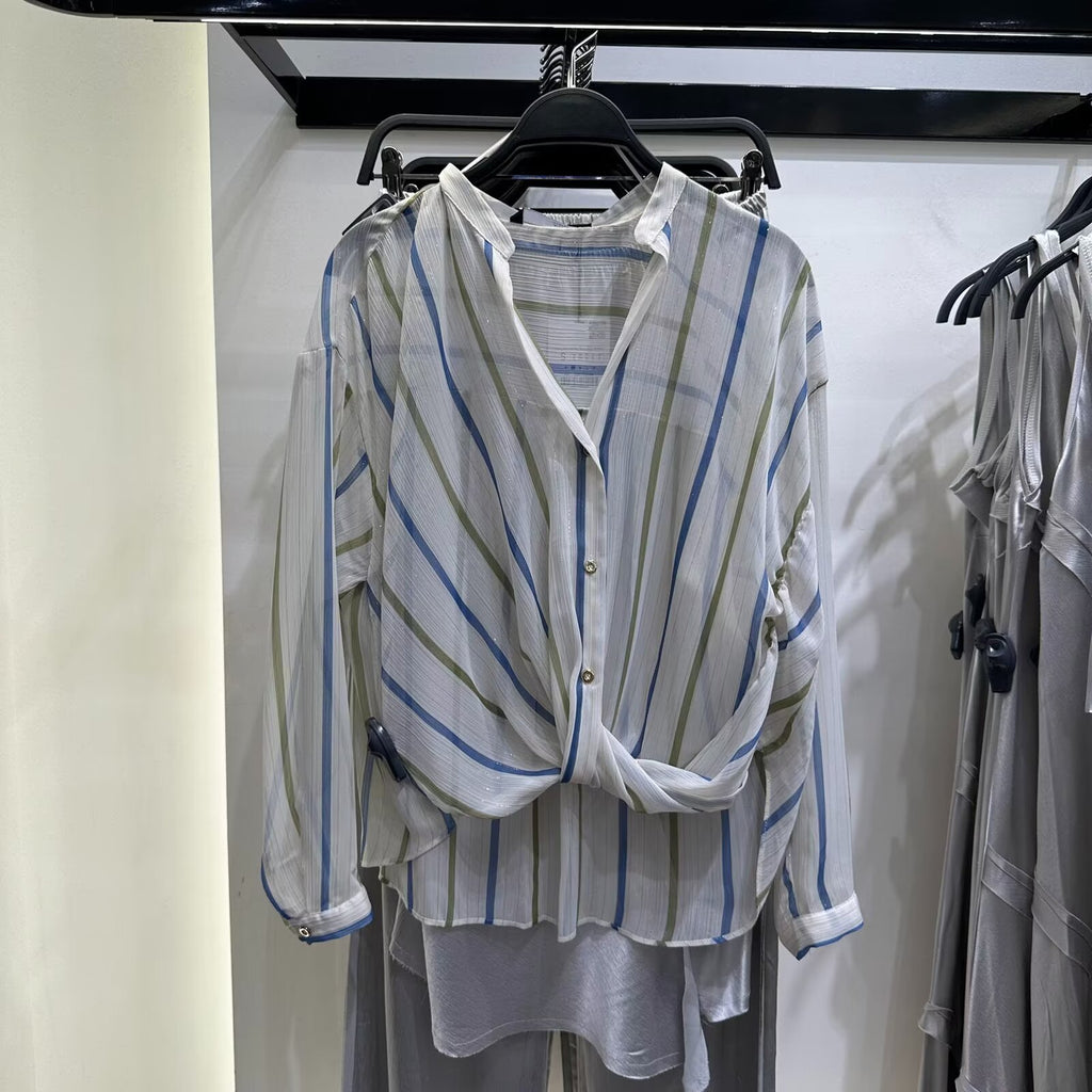 Summer Women Clothing Stylish Simple Metal Wire Striped Shirt