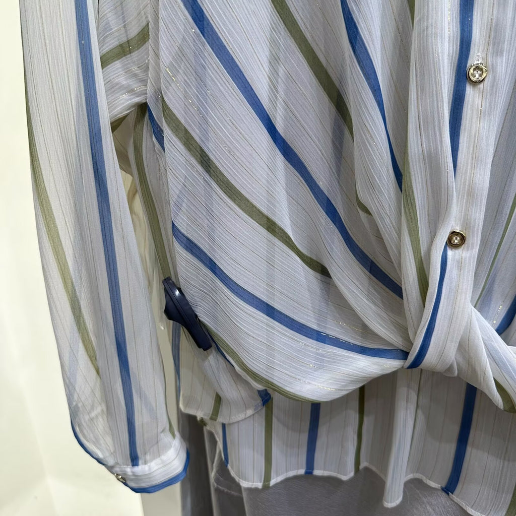 Summer Women Clothing Stylish Simple Metal Wire Striped Shirt