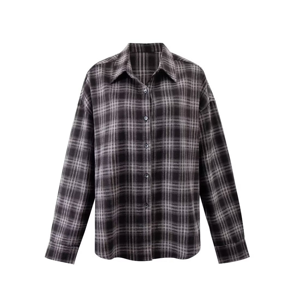 Women Plaid Shirt Long Sleeve Loose Polo Collar Coat Top