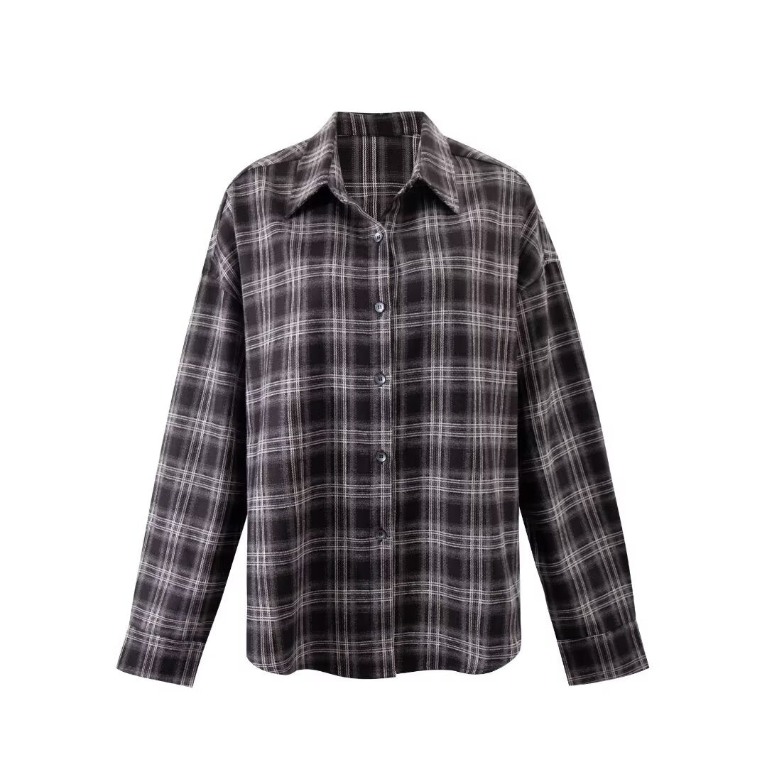Women Plaid Shirt Long Sleeve Loose Polo Collar Coat Top