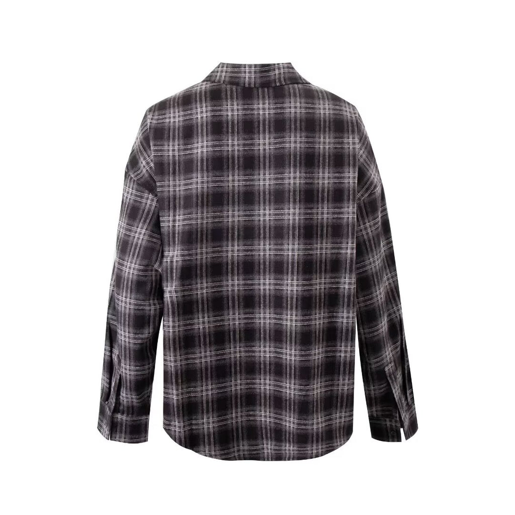 Women Plaid Shirt Long Sleeve Loose Polo Collar Coat Top